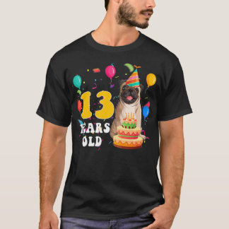 Kids Cute 13 Years Old Pug Dog Lover 13th Birthday T-Shirt