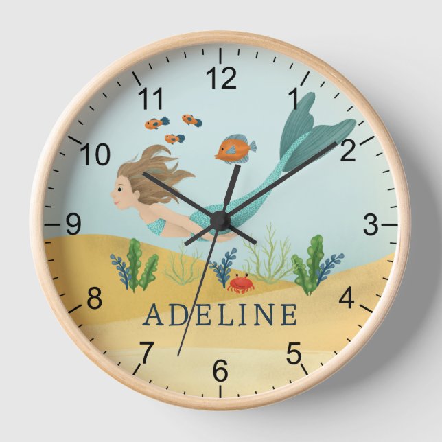 Kids Cute and Magical Ocean Mermaid Girls Clock (Front)