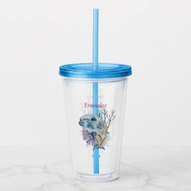 Kids Cute Animal Modern Monogram Dolphin Acrylic Tumbler (Front)