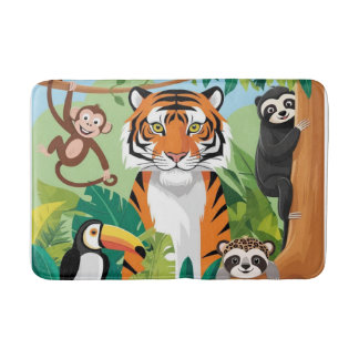 Kids Cute Animals Jungle Tiger Monkey Bird Bath Mat