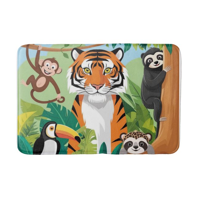 Kids Cute Animals Jungle Tiger Monkey Bird Bath Mat (Front)