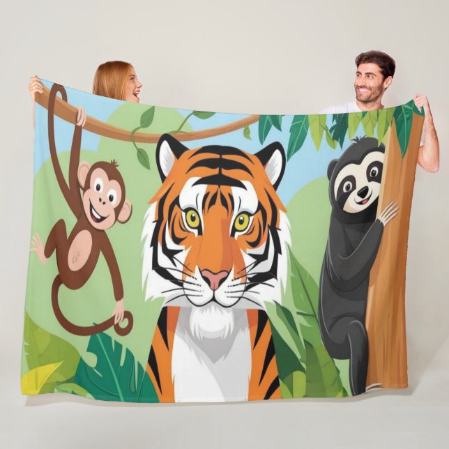 Kids Cute Animals Jungle Tiger Monkey Bird Fleece Blanket (In Situ)