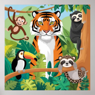 Kids Cute Animals Jungle Tiger Monkey Bird Poster