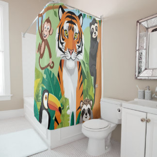 Kids Cute Animals Jungle Tiger Monkey Bird Shower Curtain
