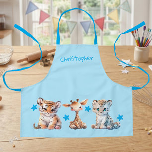 Kid's cute animals stars add name blue apron