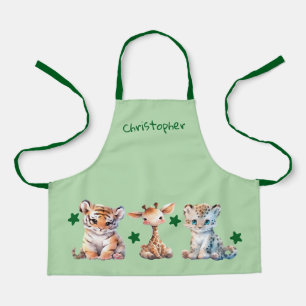 Kid's cute animals stars add name green apron