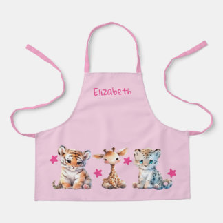 Kid's cute animals stars add name pink apron