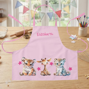 Kid's cute animals stars add name pink apron