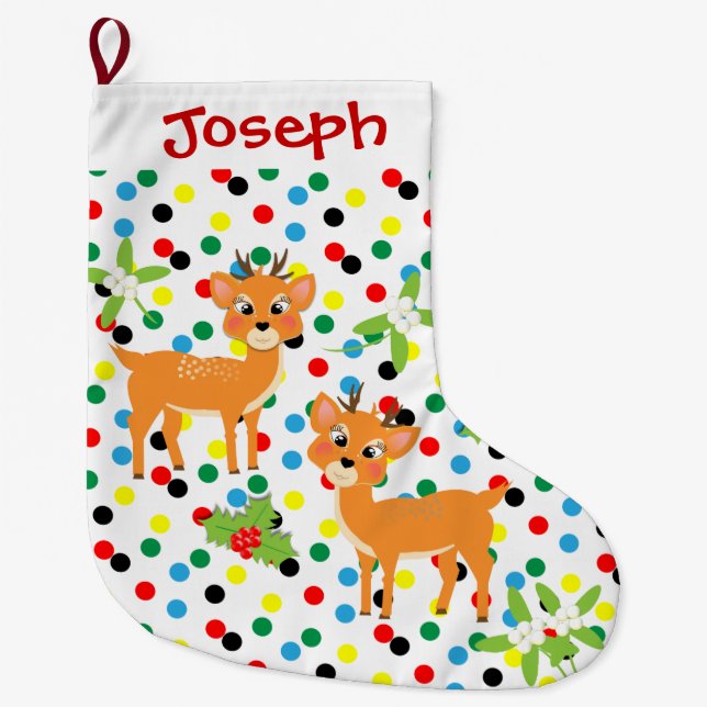 Kids Cute Baby Reindeer Festive Design Large Christmas Stocking (Front)