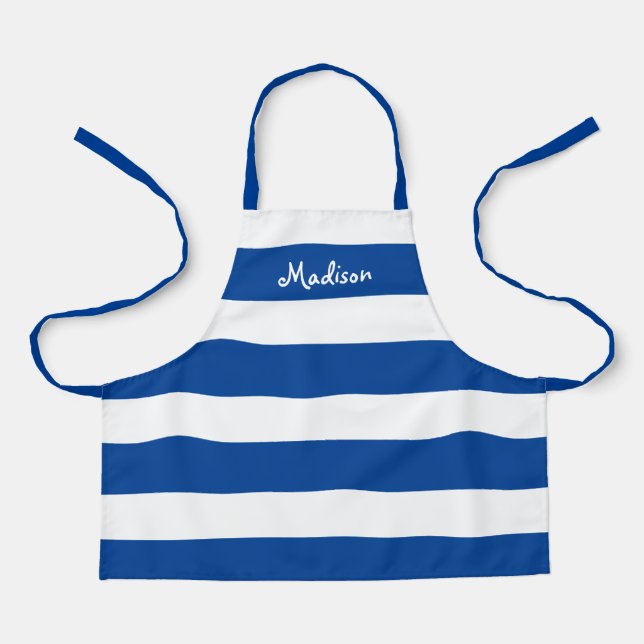 Kids Cute Blue and White Striped Personalised Apron (Front)