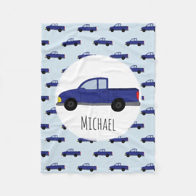 Kids Cute Blue Pickup Truck Cartoon Boys Name Fleece Blanket (Front)