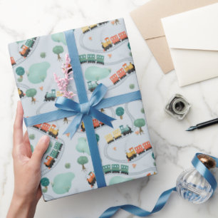 Kids Cute Blue Train Travel Pattern Boys Birthday Wrapping Paper
