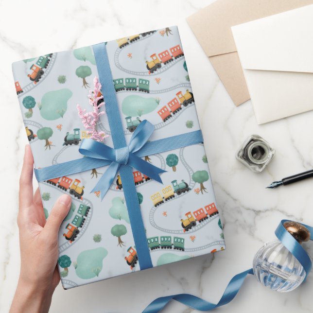 Kids Cute Blue Train Travel Pattern Boys Birthday Wrapping Paper (Gifting)