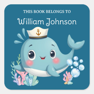 Kids Cute Blue Whale Library Bookplate Square Sticker