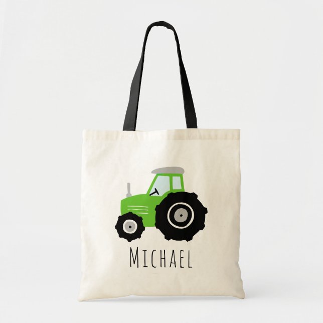 Kids Cute Boys Green Farm Tractor and Name  Tote Bag (Front)