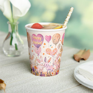Kids' Cute Bunnies & Balloons - Pastel Floral Paper Cups