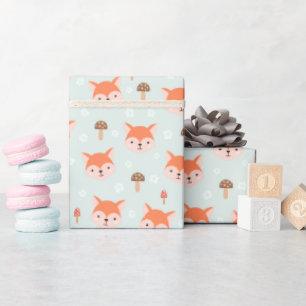 Kids Cute Cartoon Fox Faces Mushrooms Wrapping Paper