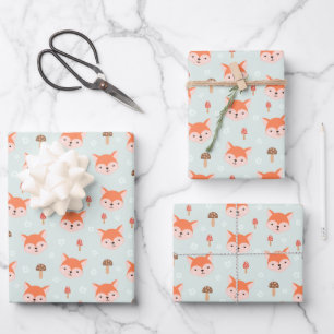 Kids Cute Cartoon Fox Faces Mushrooms Wrapping Paper Sheet