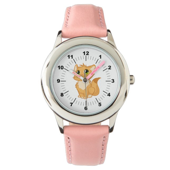 Kid's Cute Cat Pink Leather Strap Watch (Front)
