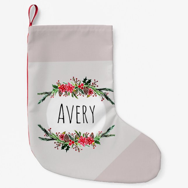 Kids Cute Christmas Flower Wreath and Name Small Christmas Stocking (Front)