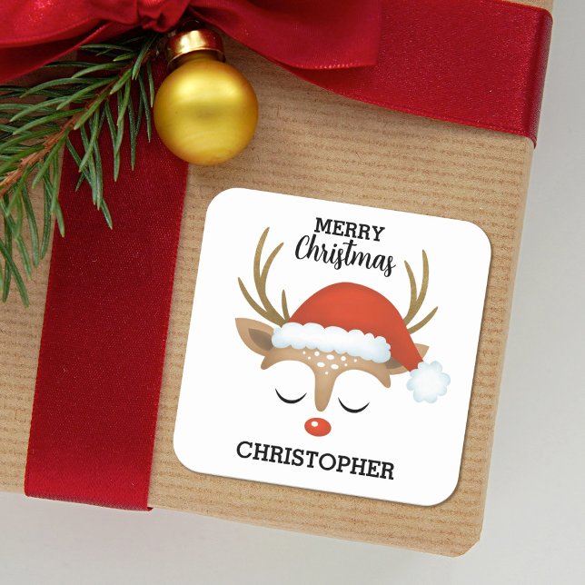Kids Cute Christmas Reindeer Square Sticker (Cute Christmas rudolph reindeer stickers are so fun for your holiday gifts.)