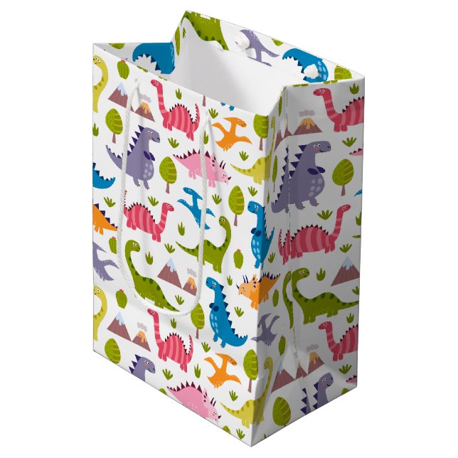 Kids Cute Colourful Dinosaurs Medium Gift Bag (Front Angled)