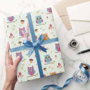 Kids Cute Colourful Owls Acorns Mushrooms Wrapping Paper