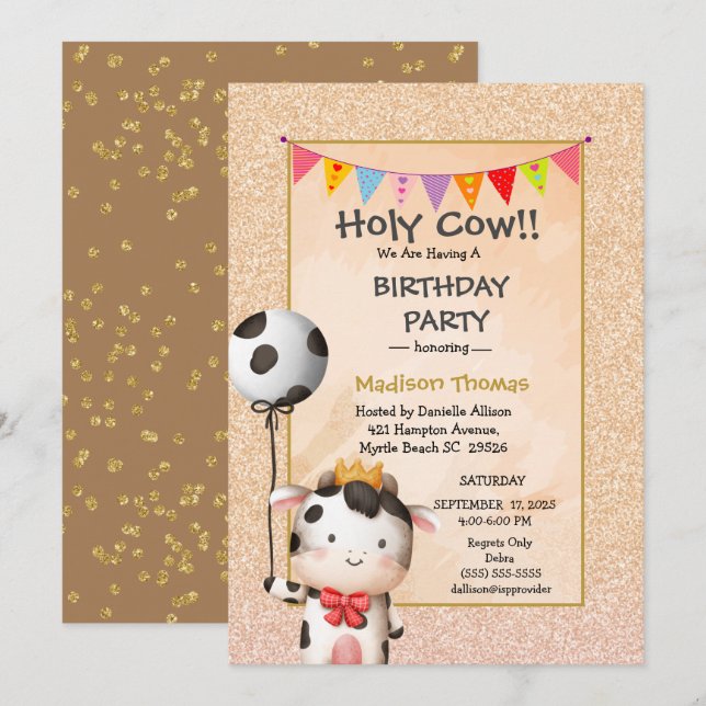 Kids Cute Cow Girls Glitter Birthday Party   Invit Invitation (Front/Back)