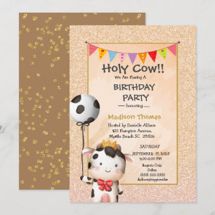 Kids Cute Cow Girls Glitter Birthday Party   Invit Invitation