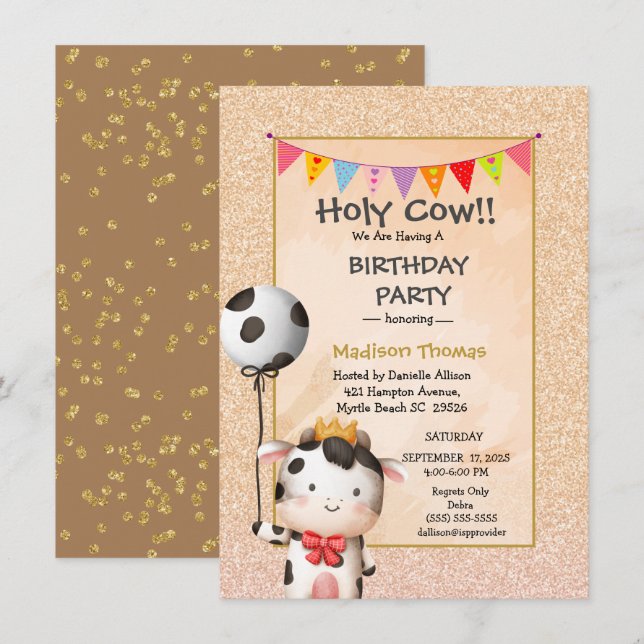 Kids Cute Cow Girls Glitter Birthday Party   Invitation (Front/Back)