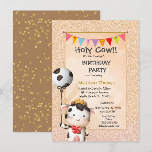 Kids Cute Cow Girls Glitter Birthday Party Invitation