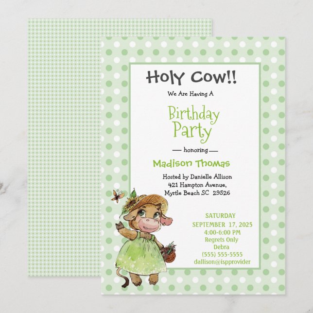 Kids Cute Cow Girls Green White Birthday Party  Invitation (Front/Back)