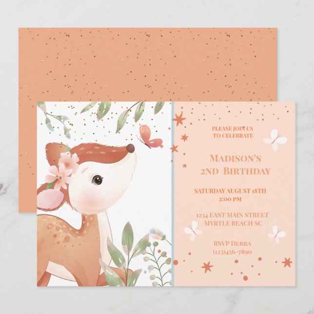 Kids Cute Deer 2nd Birthday Party Invitation (Front/Back)