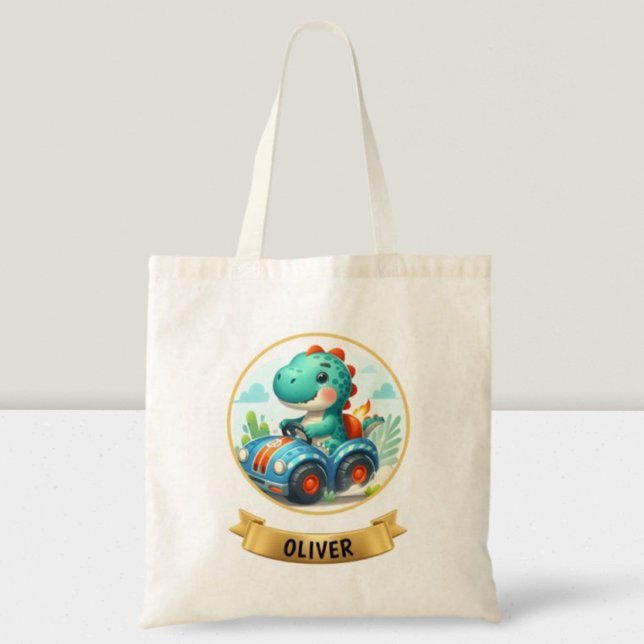 Kids Cute Dino Driving a Race Car Tote Bag (Creator Uploaded)