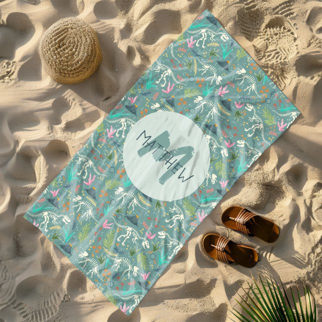 Kids Cute Dinosaur Fossil Pattern & Monogram Boys Beach Towel (Creator Uploaded)