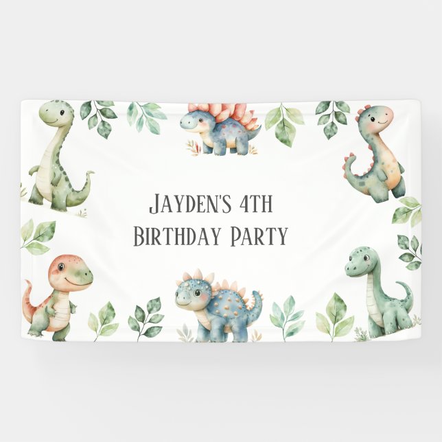 Kids Cute Dinosaur Themed Birthday Party Banner (Horizontal)