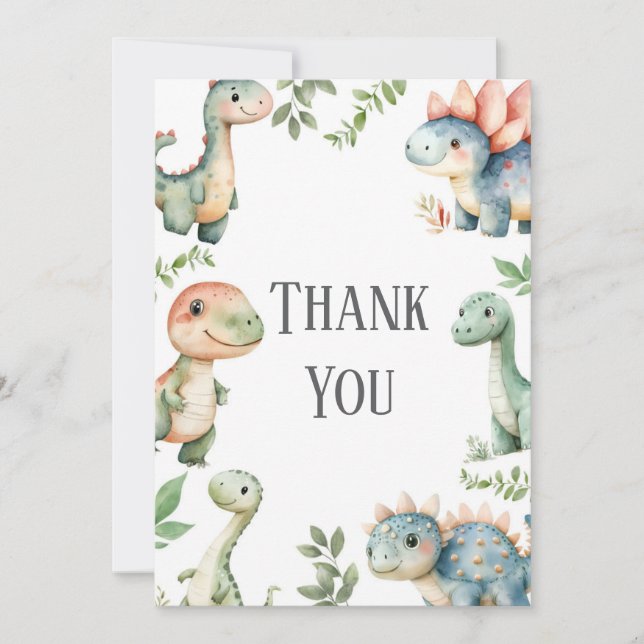 Kids Cute Dinosaur Themed Birthday Thank You Card (Front)