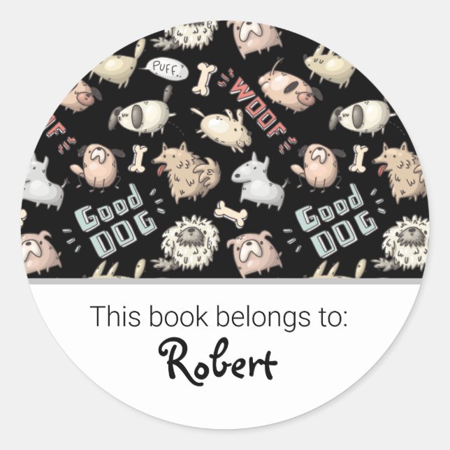 Kids cute dog pattern bookplate classic round sticker (Front)