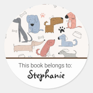 Kids cute dog pattern bookplate classic round sticker