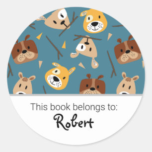 Kids cute dog pattern bookplate classic round sticker