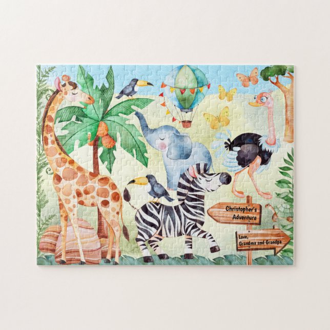 Kids Cute Family Safari Animals Personalised Jigsaw Puzzle (Horizontal)