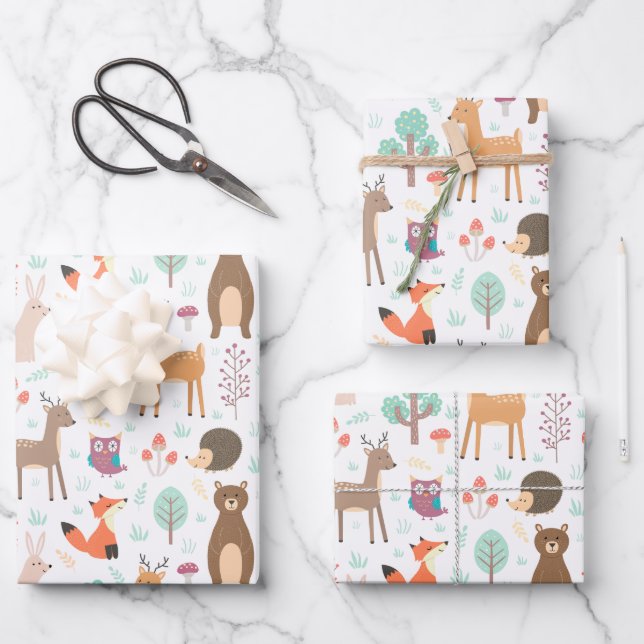 Kids Cute Forest Animals Porcupine Deer Brown Bear Wrapping Paper Sheet (Front)