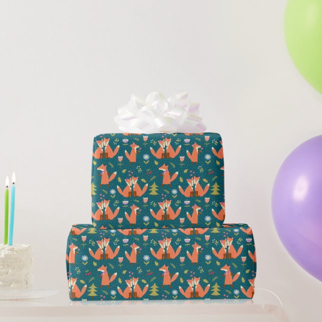 Kids Cute Forest Foxes in Love Wrapping Paper (Party Gifts)