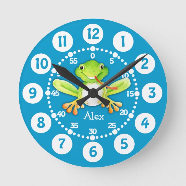 Kids cute frog green blue wall clock (Front)