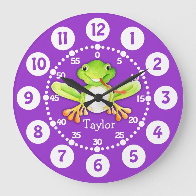 Kids cute frog purple green wall clock (Front)