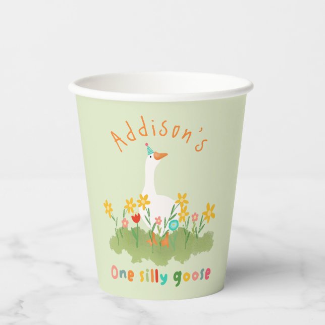 Kids Cute Fun One Silly Goose First Birthday Paper Cups (Front)