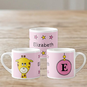 Kids cute giraffe name initial pink espresso cup