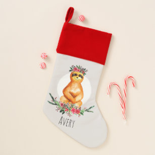 Kids Cute Girly Sloth With Flower Wreath and Name Christmas Stocking