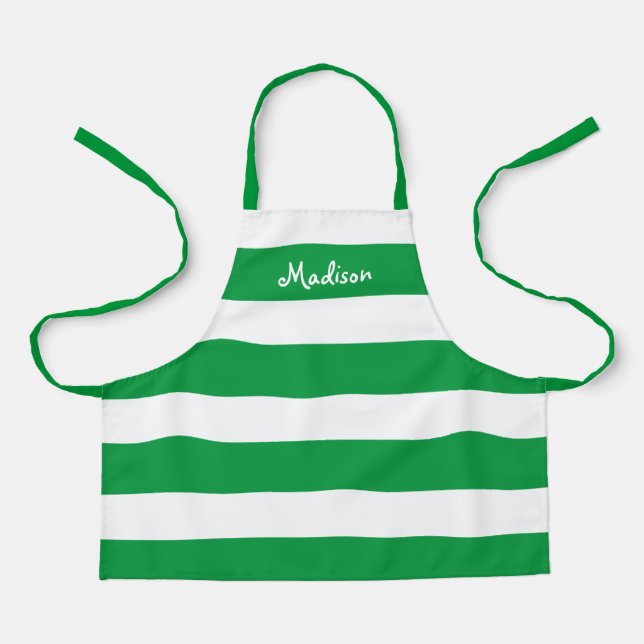 Kids Cute Green and White Striped Personalised Apron (Front)