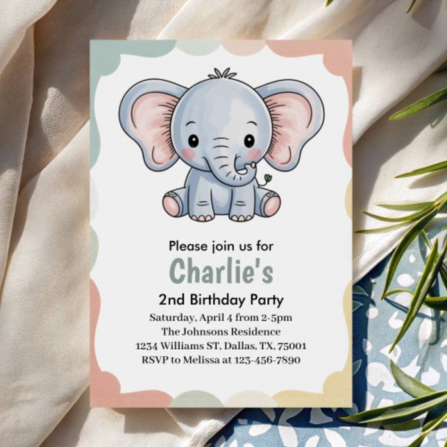 Kids Cute Green Elephant 2nd Birthday Party Invitation (Creator Uploaded)